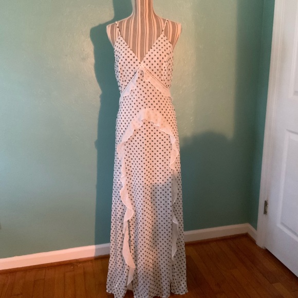 Stunning Details White Black Swiss Dot Maxi Dress Ruffles Panels Crochet S M L - Picture 4 of 16